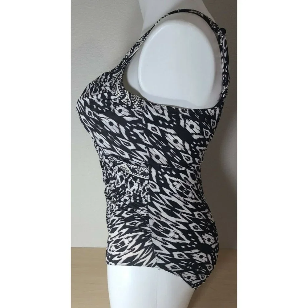 Miraclesuit Women's One Piece Faux‎ Wrap Ruched Swimsuit Black/White Print Sz 6